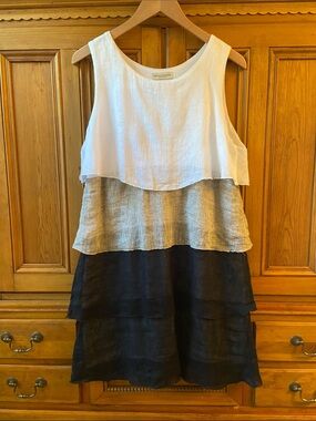 Made in Italy~LINEN Size L (12/14) Sleeveless Midi Dress White, Natural, Black